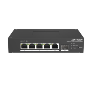 Switch PoE+ Industrial de Escritorio / Administrable / 4 Puertos 10/100 Mbps PoE+ / 1 Puerto 1000 Mbps Uplink / 1 Puertos SFP / Configuración Nube Hik-PartnerPro / Modo Extendido hasta 300 Metros / 60 Watts