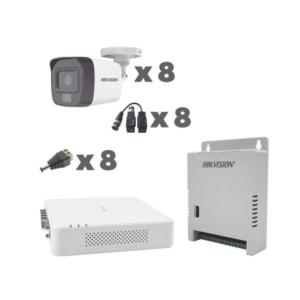 KIT TurboHD 1080p / DVR 8 Canales con audio por coaxitron / 8 Cámaras con Micrófono Integrado 101° Visión/ luz blanca + IR visión nocturna / Transceptores / Conectores / Fuente de Poder Profesional