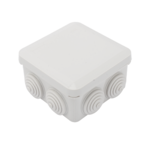 Caja Estanca, Derivación, Conexión de Plástico (89 X 89 X 50 mm) con 7 Glándulas de Goma. Para Instalaciones Comerciales, Residenciales e Industriales. Cerrado a Presión.